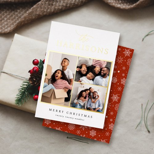 Chic Script  Serif Family Name 3 Photo Christmas Foil Holiday Card