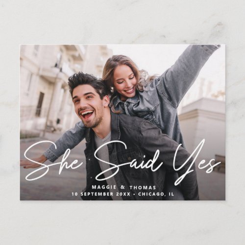 chic script she said yes save the date postcard