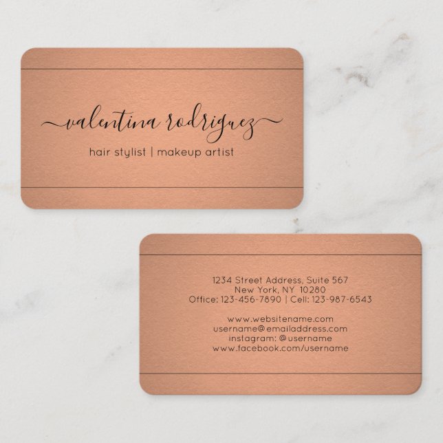 Chic Script Signature Copper Faux Foil Minimalist Business Card (Front/Back)