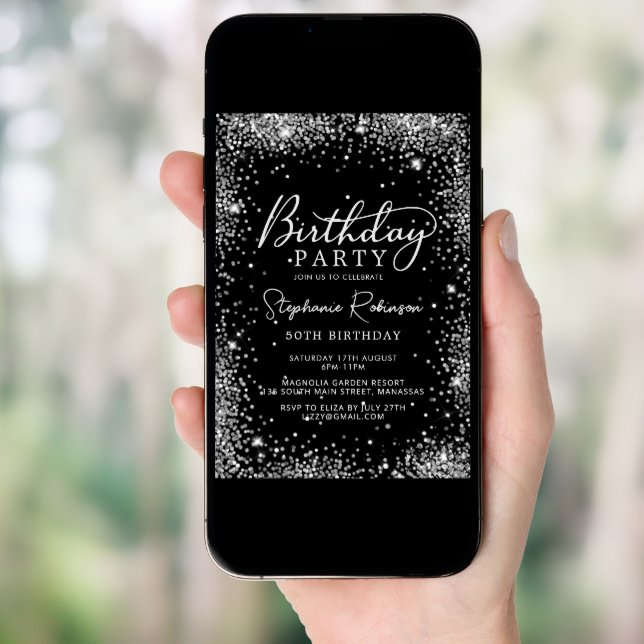 Chic Script Silver Glitter Black 50th Birthday  Invitation (Front Digital)