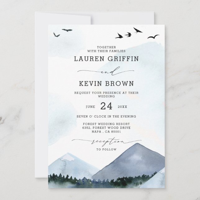 Chic Script Slate Blue Mountains Forest Wedding Invitation (Front)
