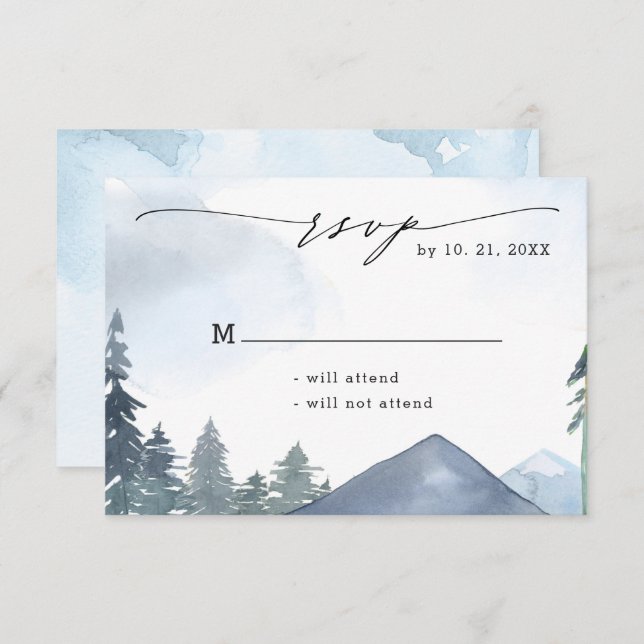 Chic Script Slate Blue Mountains Forest Wedding RSVP Card (Front/Back)