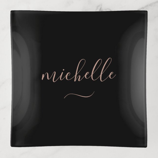 Chic Script Swash Monogram Black Gold Trinket Tray (Front)