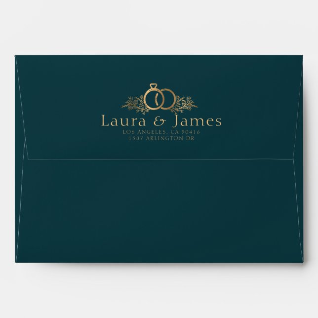 chic Script teal Gold Calligraphy Minimal Wedding Envelope (Back (Top Flap))