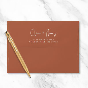 Chic Script Terracotta Wedding Return Address Envelope