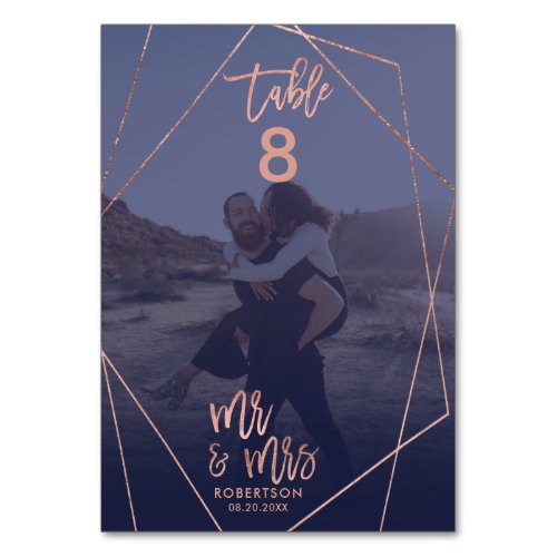 Chic script terrarium navy photo wedding table number