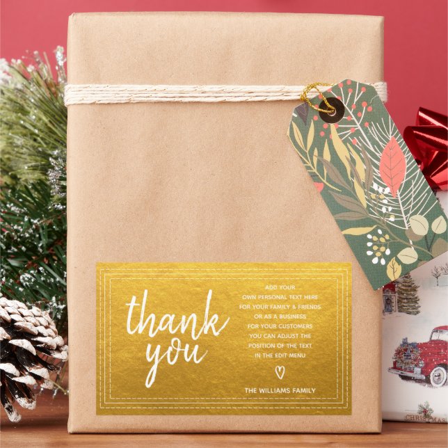 Chic Script Thank You & Personal Message Gold Gift Rectangular Sticker (Holiday)