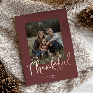Chic Script Thanksgiving Photo Burgundy Rose Gold Foil Holiday Card