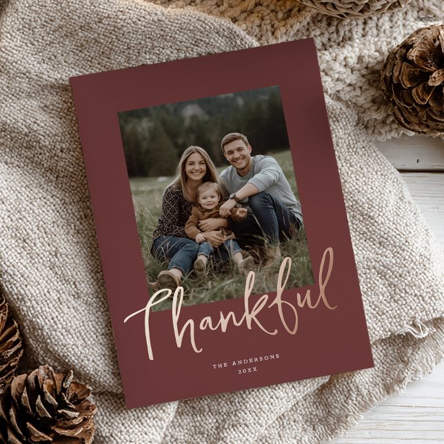 Chic Script Thanksgiving Photo Burgundy Rose Gold  Foil Holiday Card (Creator Uploaded)
