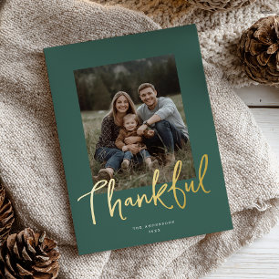Chic Script Thanksgiving Photo Dark Green Gold Foil Holiday Card