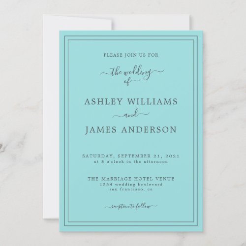 Chic Script Turquoise Blue Wedding invitation