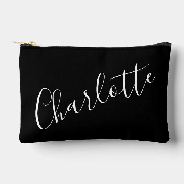 Chic Script Typography Personalized Name Black Accessory Pouch (Front)
