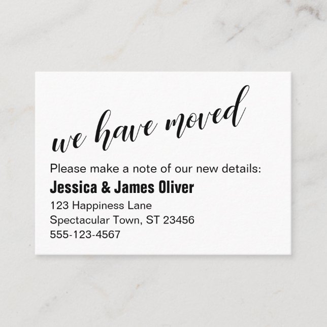 Chic Script Typography We Have Moved Handout Card (Front)