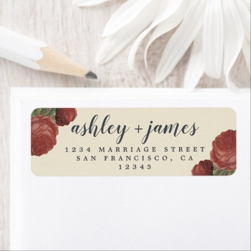 Chic Script Vintage Rose Wedding Return Address Label