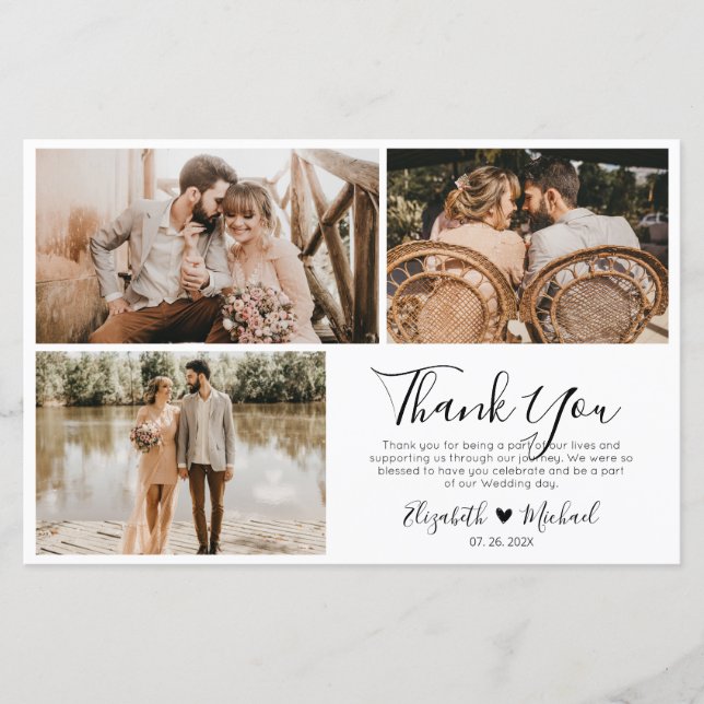Chic Script Wedding 3 Photo Collage Thank You Card (Front)