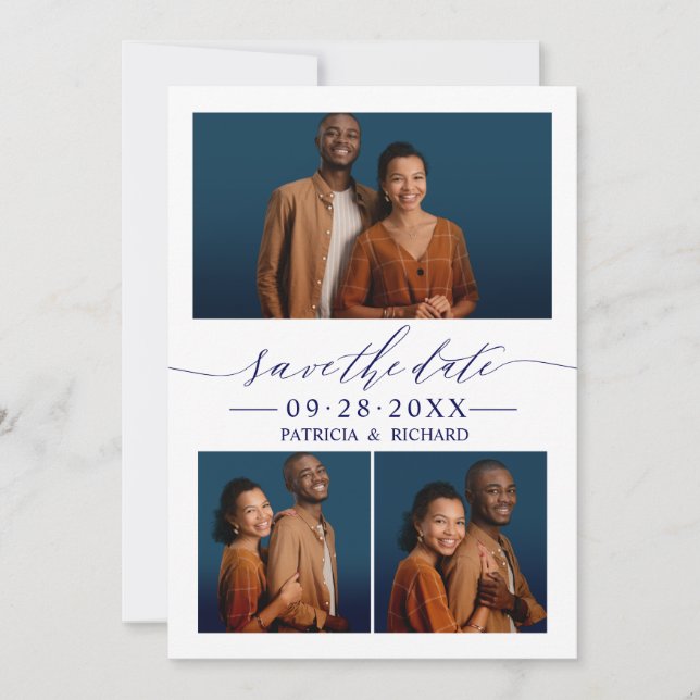 Chic Script Wedding Save The Date 3 Photo Collage Invitation (Front)