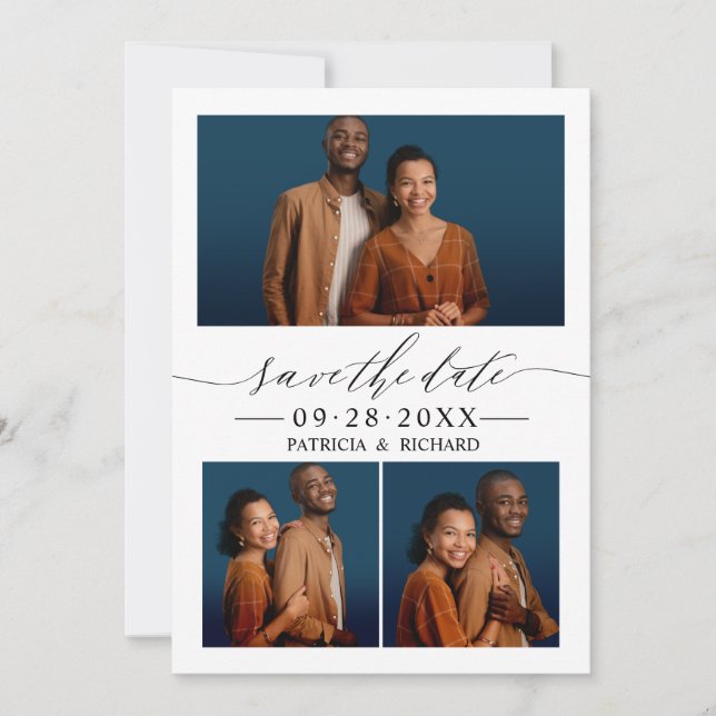 Chic Script Wedding Save The Date 3 Photo Collage Invitation (Front)