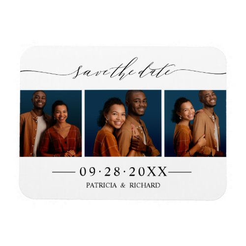 Chic Script Wedding Save The Date 3 Photo Collage Magnet