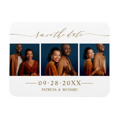 Chic Script Wedding Save The Date 3 Photo Collage Magnet