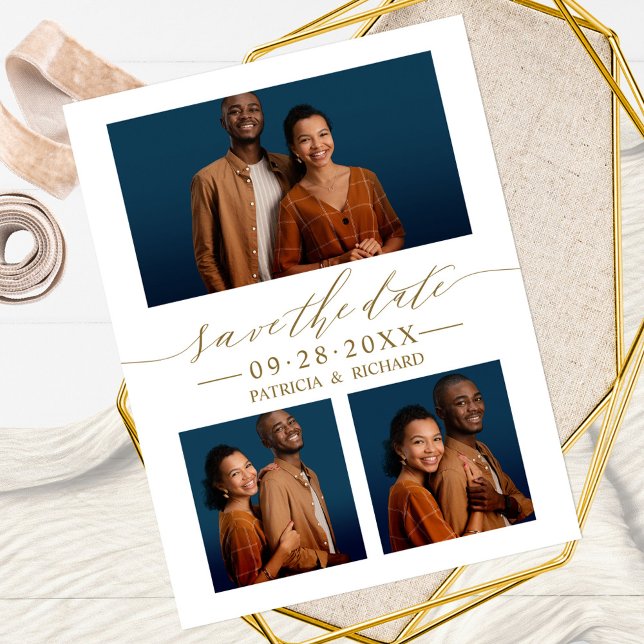 Chic Script Wedding Save The Date 3 Photo Collage Postcard (Creator Uploaded)