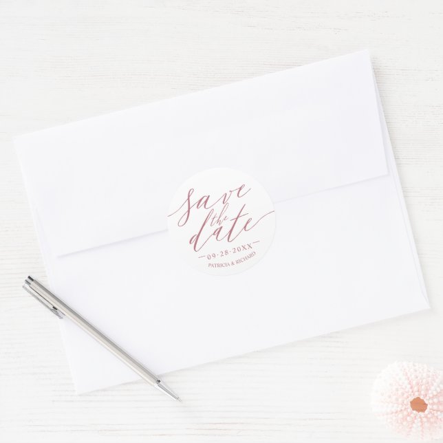 Chic Script Wedding Save The Date Classic Round Sticker (Envelope)