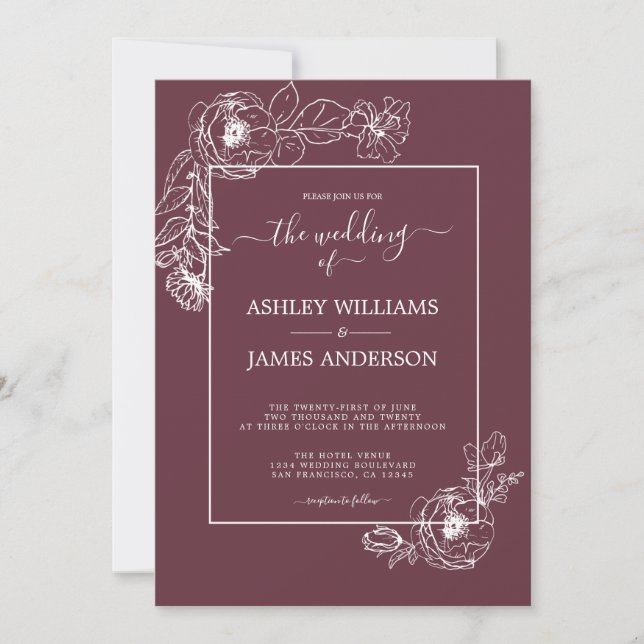 Chic Script White Floral Outline Burgundy Wedding Invitation (Front)