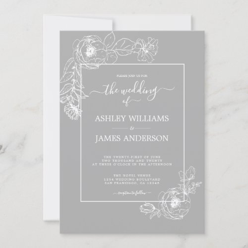 Chic Script White Floral Outline Gray Wedding Invitation