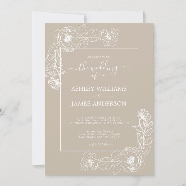 Chic Script White Floral Outline Gray Wedding Invitation (Front)