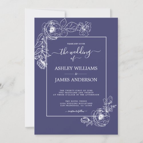 Chic Script White Floral Outline Navy Blue Wedding Invitation