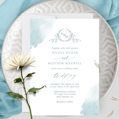 Chic Sea Glass Watercolor Stains Monogram Wedding Invitation