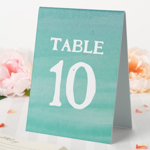 Chic sea green watercolor wedding table tent sign