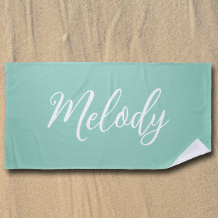 Chic Seafoam Green Custom Name Handwritten Script Beach Towel