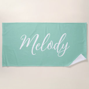 Chic Seafoam Green Custom Name Handwritten Script Beach Towel