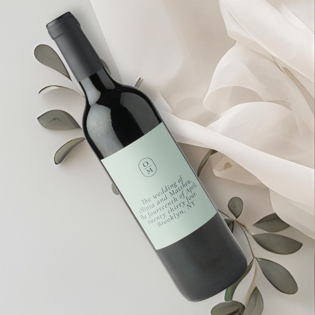 Chic Seafoam Green Monogram Wedding Wine Label (Creator Uploaded)