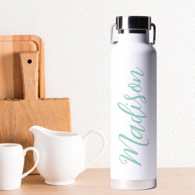 Chic Seafoam Green Name Handwritten Script Custom Water Bottle (Creator Uploaded)
