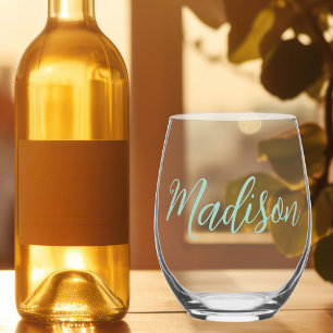 Chic Seafoam Personalized Name Stemless Wine Glass