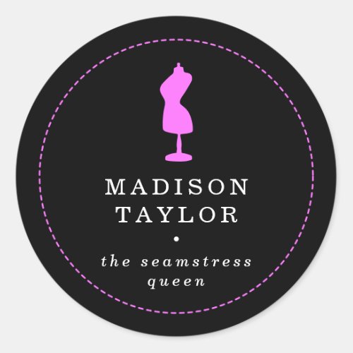 Chic Seamstress Tailor  Pink Mannequin Black Classic Round Sticker