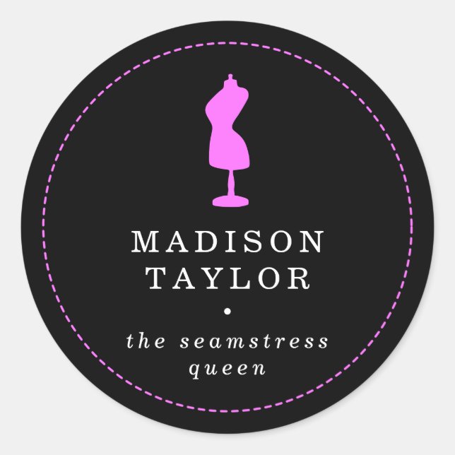 Chic Seamstress Tailor | Pink Mannequin Black Classic Round Sticker (Front)