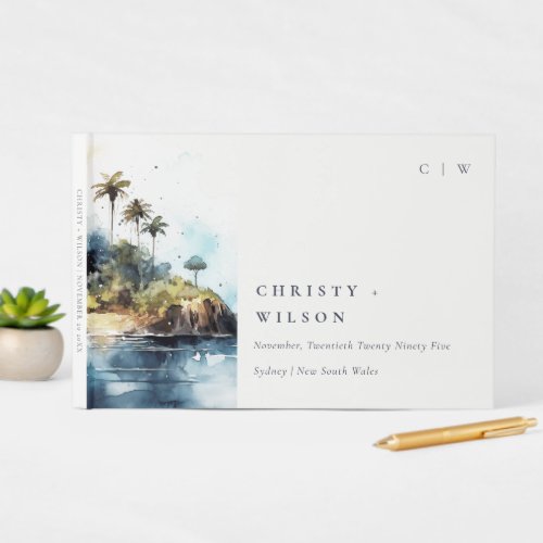 Chic Seascape Palm Tree Island Watercolor Wedding Guest Book