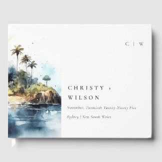 Chic Seascape Palm Tree Island Watercolor Wedding Guest Book