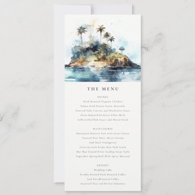 Chic Seascape Palm Tree Island Wedding Menu Card (Front)