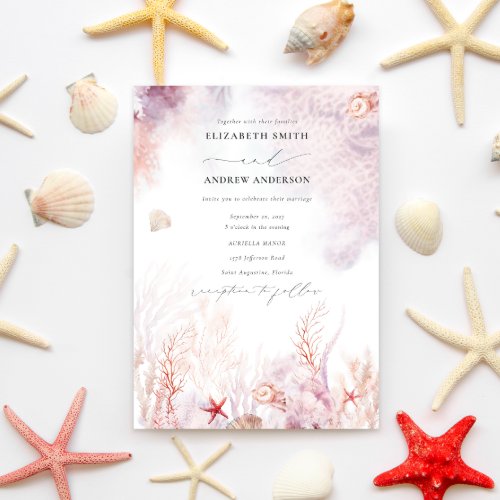 Chic Seashells Coral Underwater QR Code Wedding Invitation