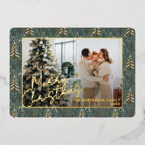 Chic Seasonal Greetings On Forest Trees Gold Foil Holiday Card