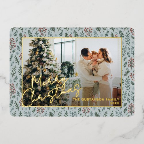 Chic Seasonal Greetings On Holly Berries Gold Foil Holiday Card