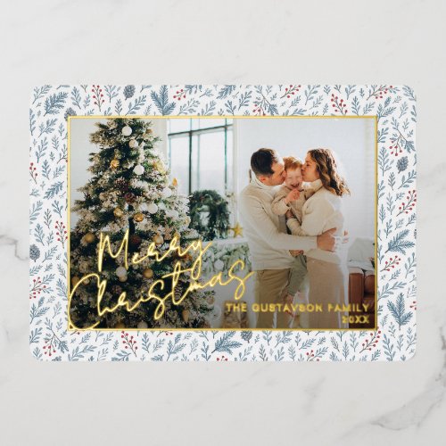 Chic Seasonal Greetings On Holly Berries Gold Foil Holiday Card