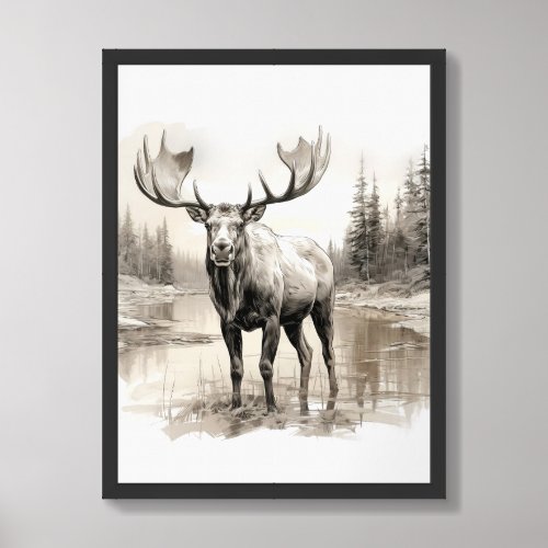 Chic sepia colors muted brown moose in the forest framed art