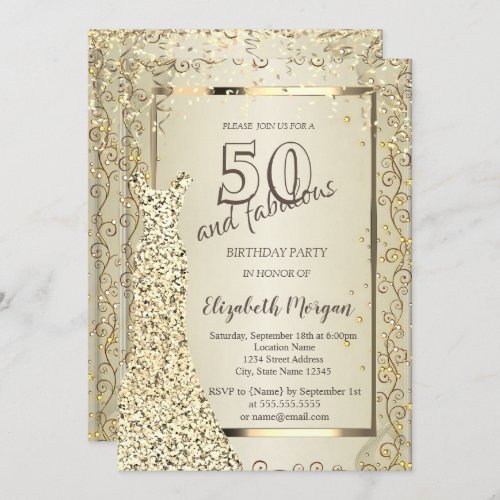 Chic Sequins Dress Gold 50th Birthday Invitation