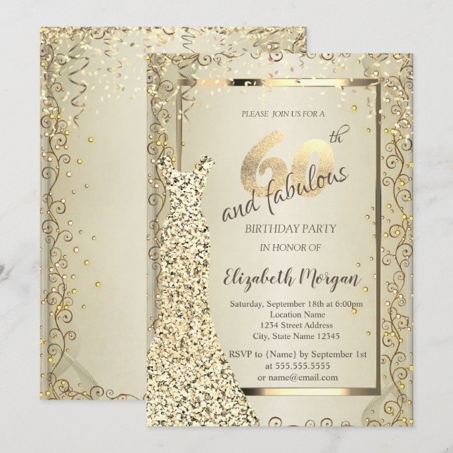 Chic Sequins Dress Gold 60th Birthday Invitation (Front/Back)