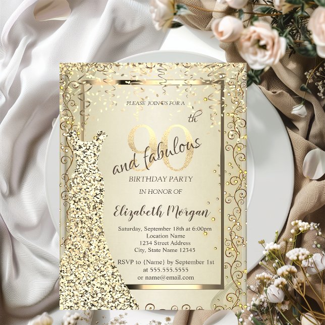Chic Sequins Dress Gold 90th Birthday Invitation (Creator Uploaded)