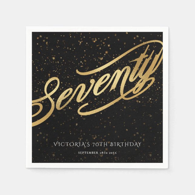 Chic Seventy 70th Confetti Calligraphy Gold Black Napkins (Front)